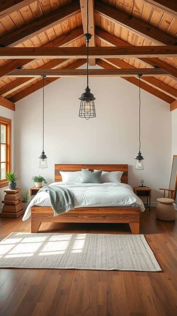 Cozy farmhouse bedroom with wooden beams and hanging pendant lights