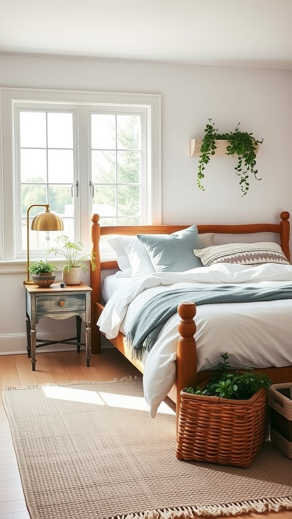 Cozy farmhouse bedroom with natural light, soft white walls, wooden bed, nightstand, and plants