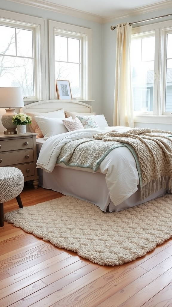 Cozy farmhouse bedroom with pastel accents, featuring a light color palette, wooden floors, and natural light from large windows.