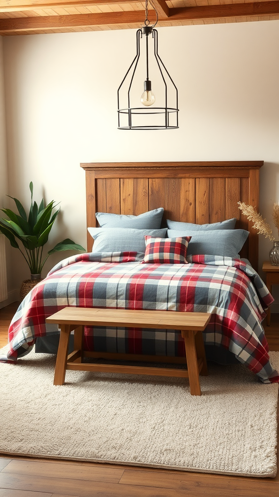 Cozy farmhouse bedroom with plaid bedding and wooden furniture.