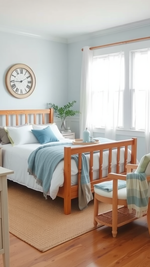 Cozy farmhouse bedroom with soft blue walls, wooden bed frame, and calming accents.