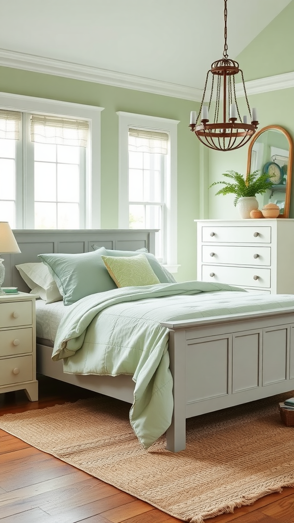 A cozy farmhouse bedroom featuring soft green walls, light green bed linens, and a rustic chandelier.