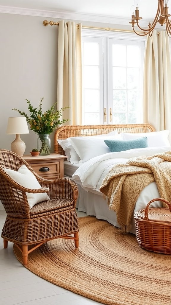 Cozy farmhouse bedroom featuring wicker accents, a comfortable bed with white linens, and a wicker chair.