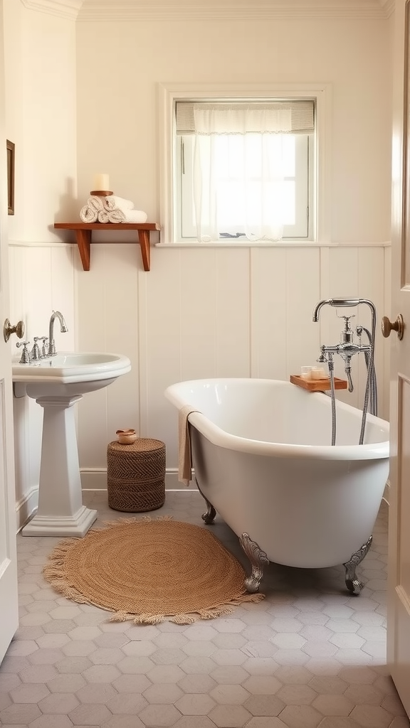 Farmhouse chic bathroom featuring a pedestal sink and freestanding bathtub.