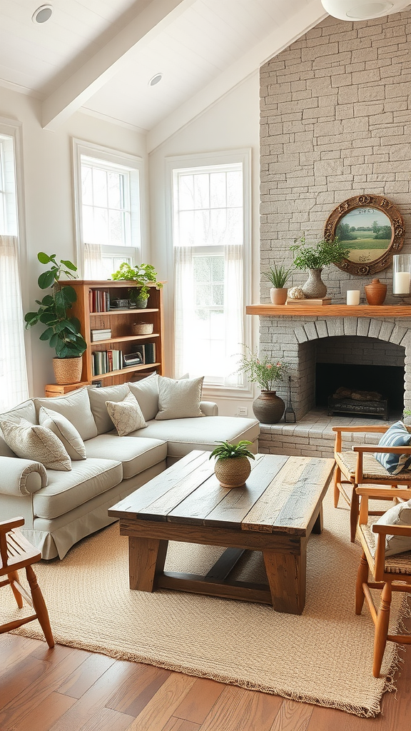 A cozy farmhouse chic living room with a light sofa, rustic coffee table, and a brick fireplace.