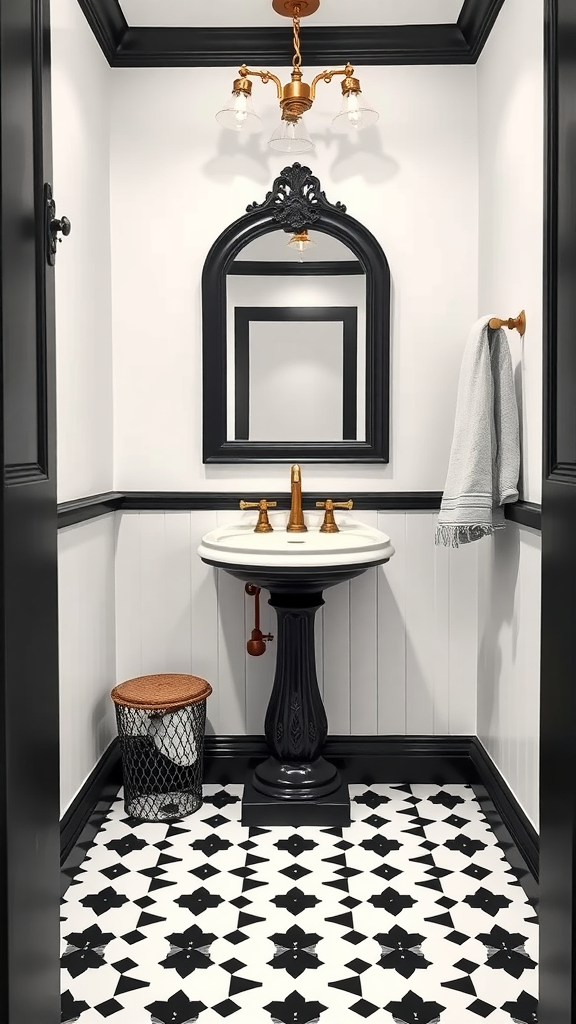 A stylish farmhouse chic powder room featuring a black and white color scheme, a pedestal sink, vintage faucet, ornate mirror, and patterned tile floor.