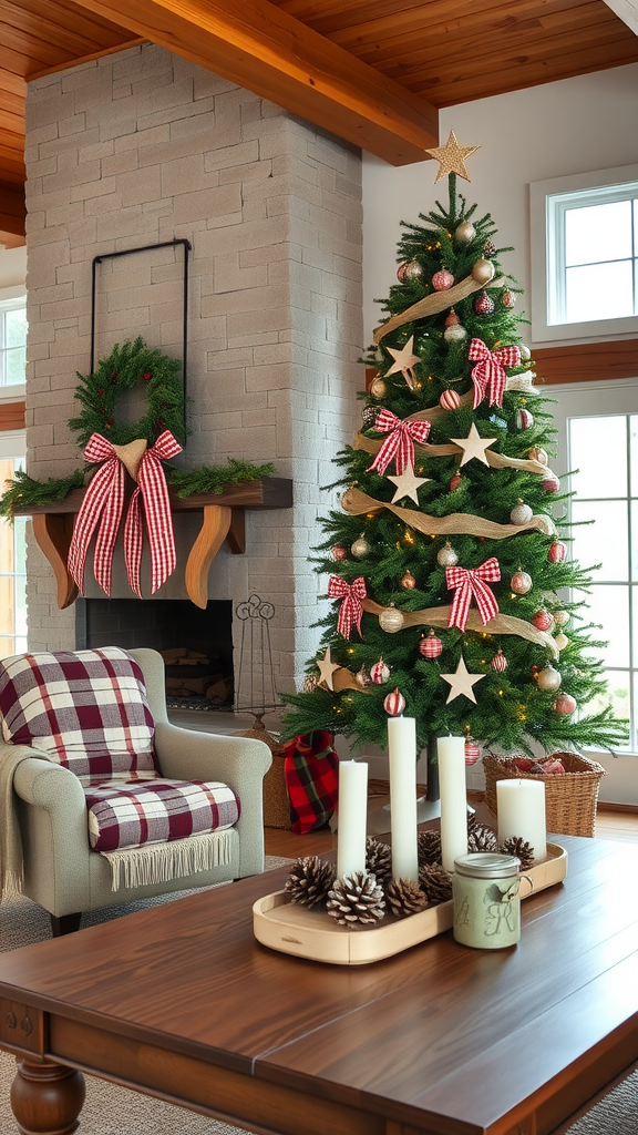 A cozy farmhouse living room decorated for Christmas with a tree, plaid armchair, and pinecones on the table.