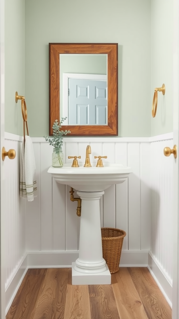 A stylish half bathroom featuring a green wall, white wainscoting, wooden floor, and a pedestal sink with gold fixtures.