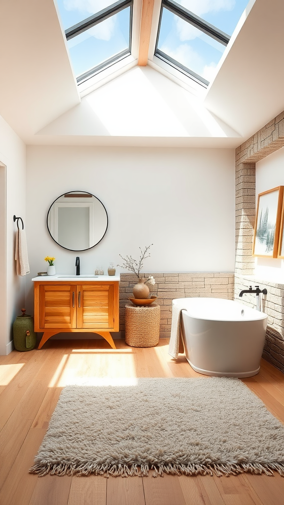 A modern farmhouse bathroom featuring a wooden vanity, a sleek bathtub, a fluffy rug, and natural light from skylights.