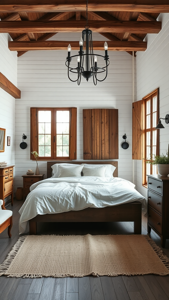 A rustic bedroom featuring exposed wooden beams, white walls, a cozy bed with white bedding, wooden furniture, and a woven rug.