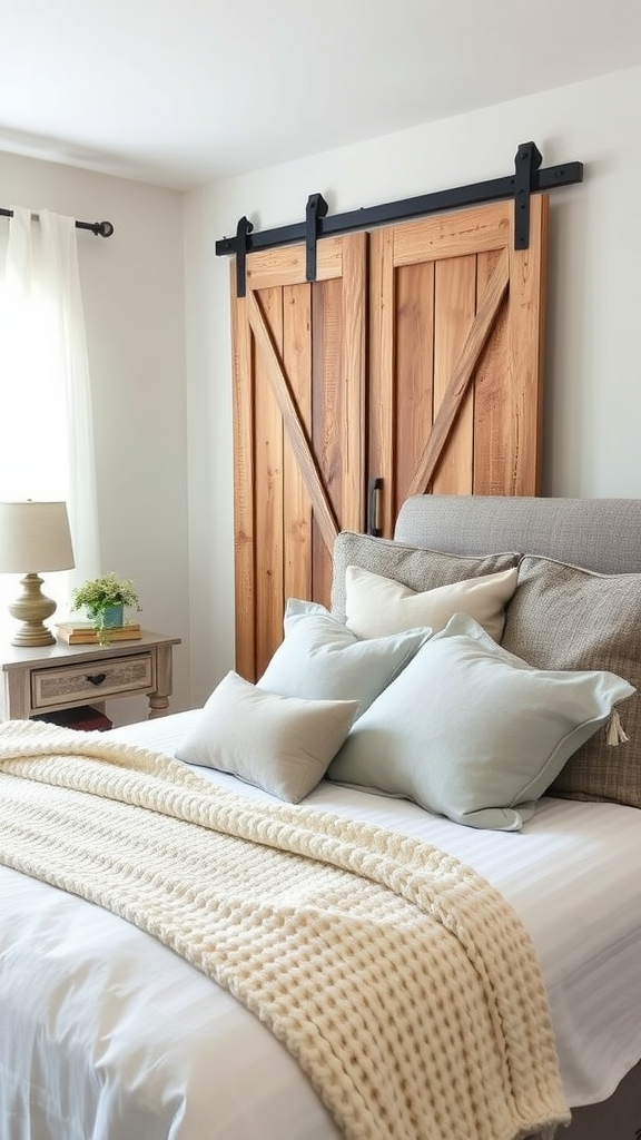 Cozy farmhouse bedroom featuring a wooden barn door with a woven basket, soft bedding, and neutral decor.