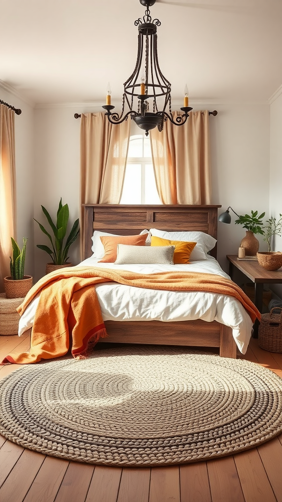 Cozy farmhouse bedroom with a rustic chandelier, wooden bed, colorful pillows, and plants.