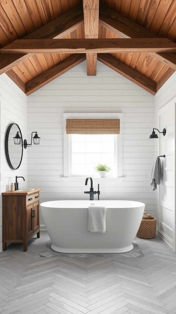 A modern farmhouse bathroom featuring exposed wooden beams, a freestanding bathtub, and a cozy, inviting design.