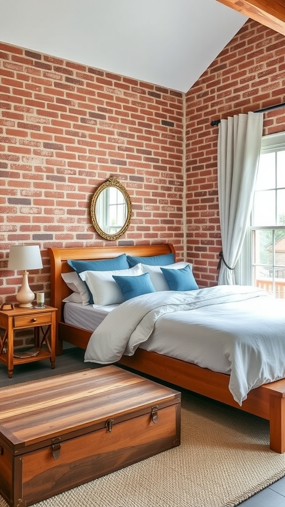 Cozy farmhouse bedroom with exposed brick wall and wooden furniture.