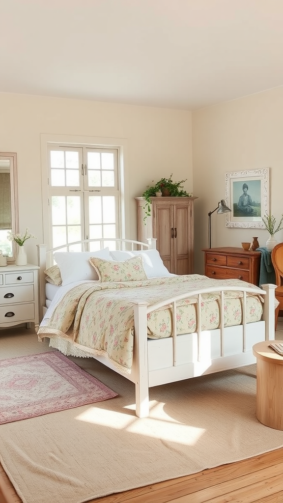 Cozy farmhouse bedroom with white bed, floral bedding, and wooden furniture