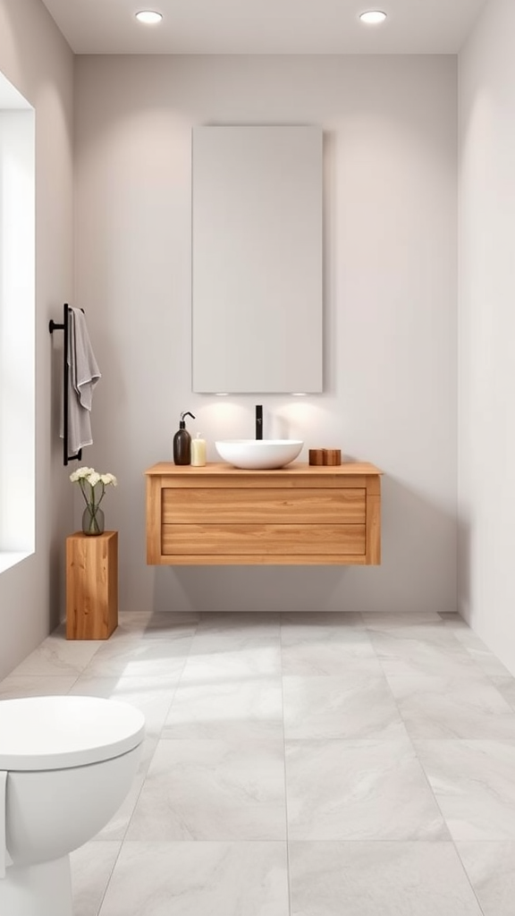 A minimalist bathroom featuring a floating wooden vanity, round sink, and gray tiled floor.