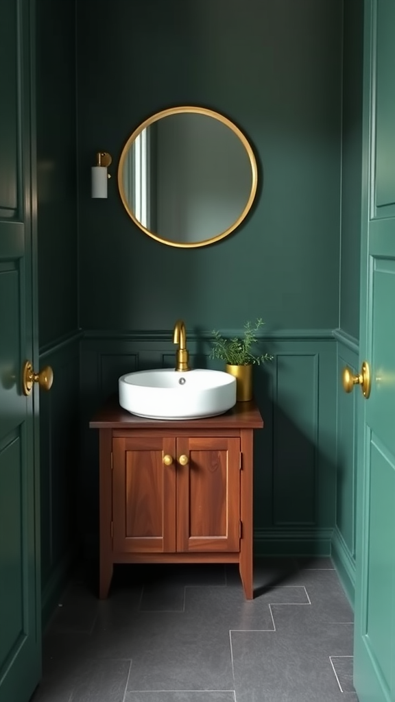 A stylish half bathroom featuring forest green walls, a wooden vanity, brass fixtures, and a round mirror.