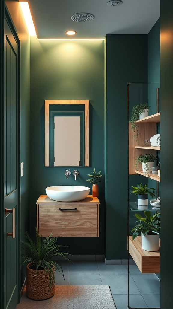 A modern small bathroom featuring forest green walls and light wood accents, with a white sink and plants