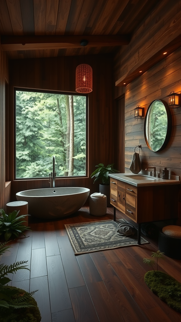 A cozy bathroom with wood paneling, a freestanding bathtub, and a large window overlooking a forest.