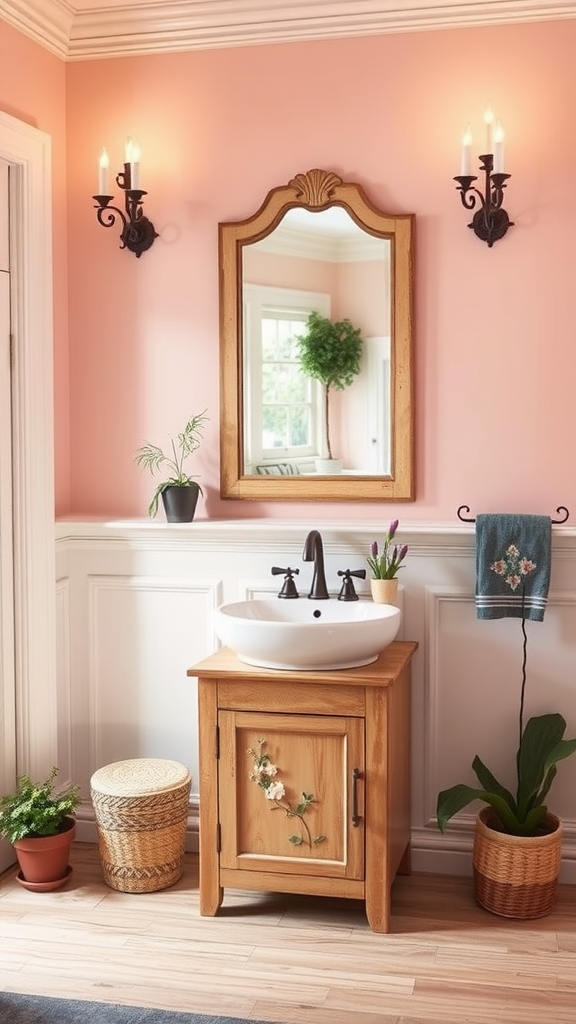 A rustic bathroom featuring a freestanding sink with a shabby chic mirror, surrounded by plants and cozy decor.