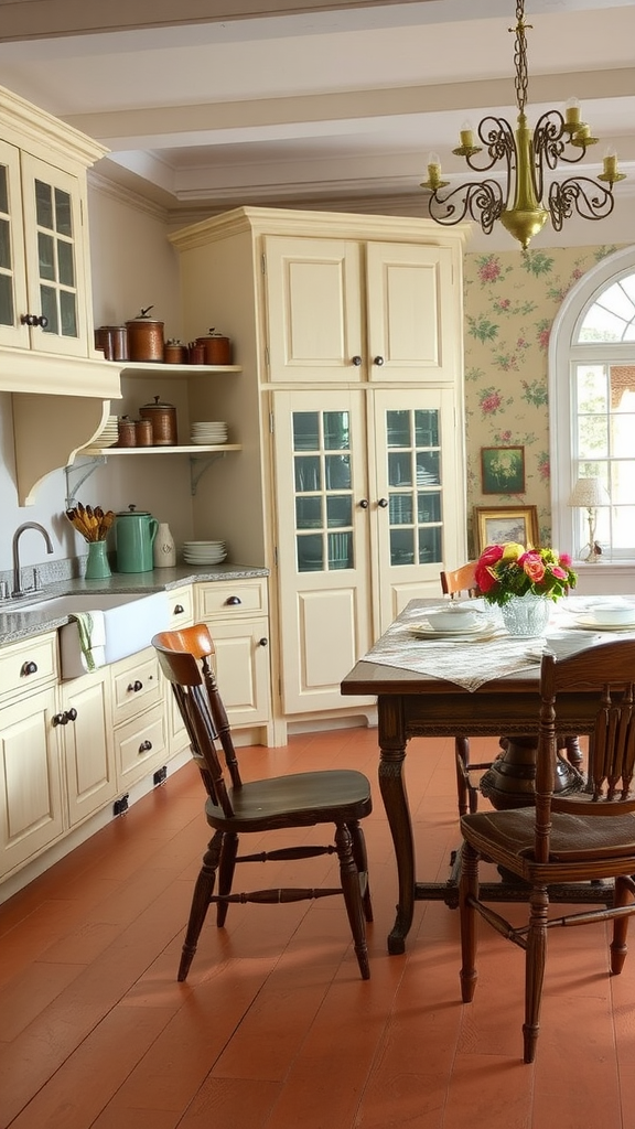 Cozy French country kitchen and dining area with yellow cabinets, rustic table, and floral wallpaper.