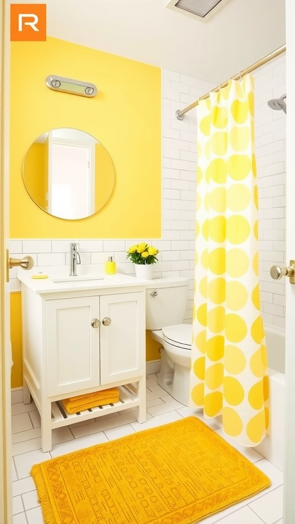 A small bathroom featuring lemon yellow walls, white fixtures, and a polka dot shower curtain.