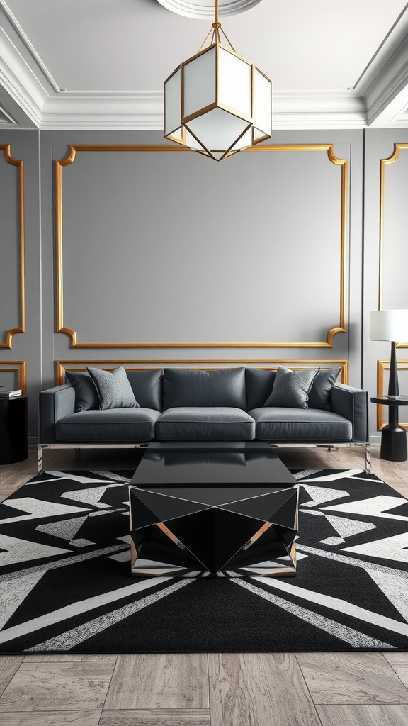 A stylish Art Deco living room featuring a grey sofa, geometric coffee table, bold patterned rug, and elegant lighting.