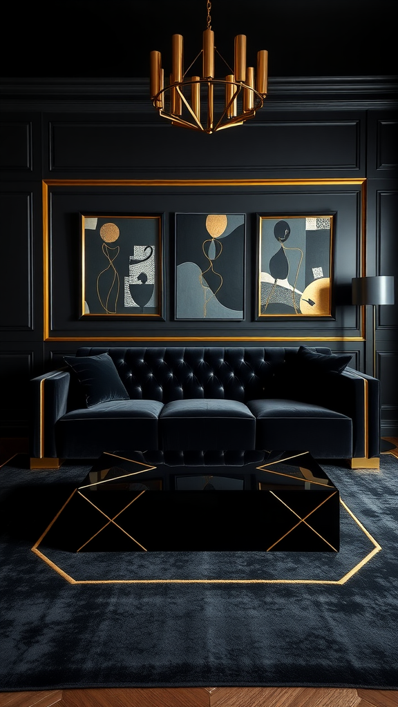 A stylish Art Deco living room featuring a black sofa, geometric coffee table, and golden accents.