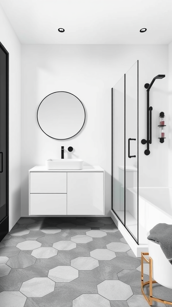 Minimalist bathroom featuring geometric patterns with hexagonal floor tiles and sleek fixtures.