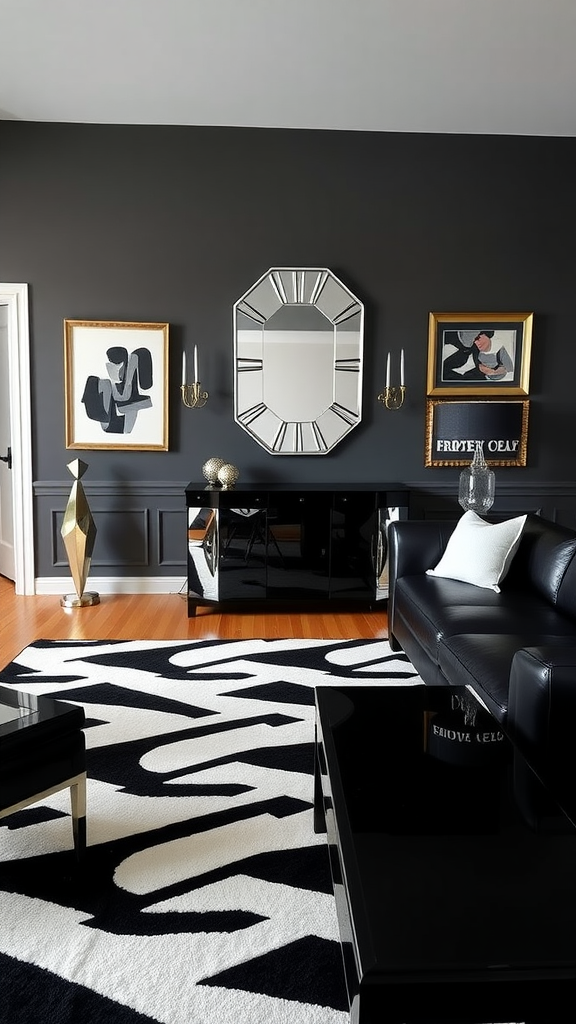 Art Deco style living room featuring geometric patterns and contrasting colors with black and white rug, leather sofa, and modern artwork.