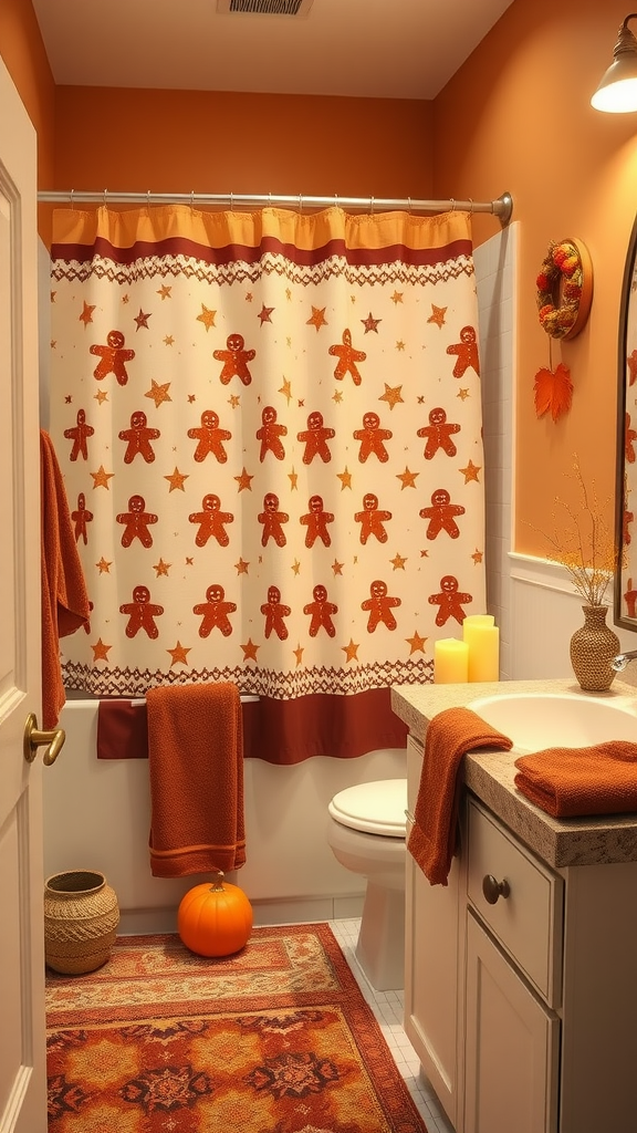 A cozy bathroom decorated with gingerbread-themed decor for fall, featuring an orange color scheme and autumnal accents.