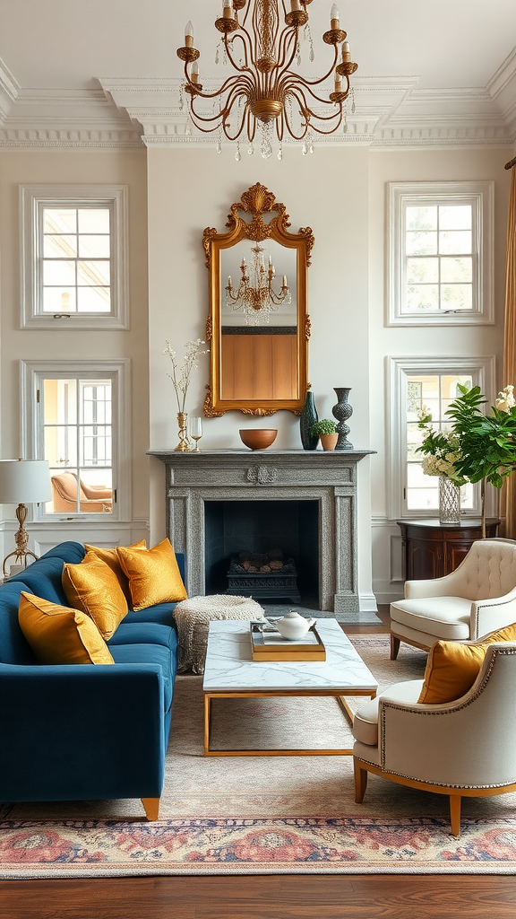 A stylish cottage living room featuring a blue sofa with golden cushions, a marble coffee table, and an elegant chandelier.