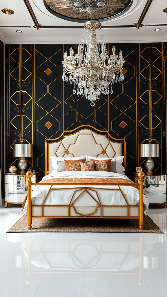 An elegant Art Deco bedroom featuring black walls with gold accents, a luxurious bed, and a sparkling chandelier.