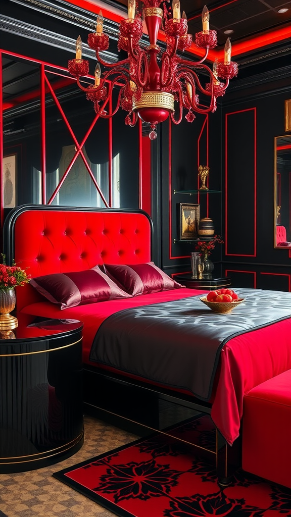 Glamorous Art Deco bedroom featuring a red velvet headboard and black lacquer furniture.