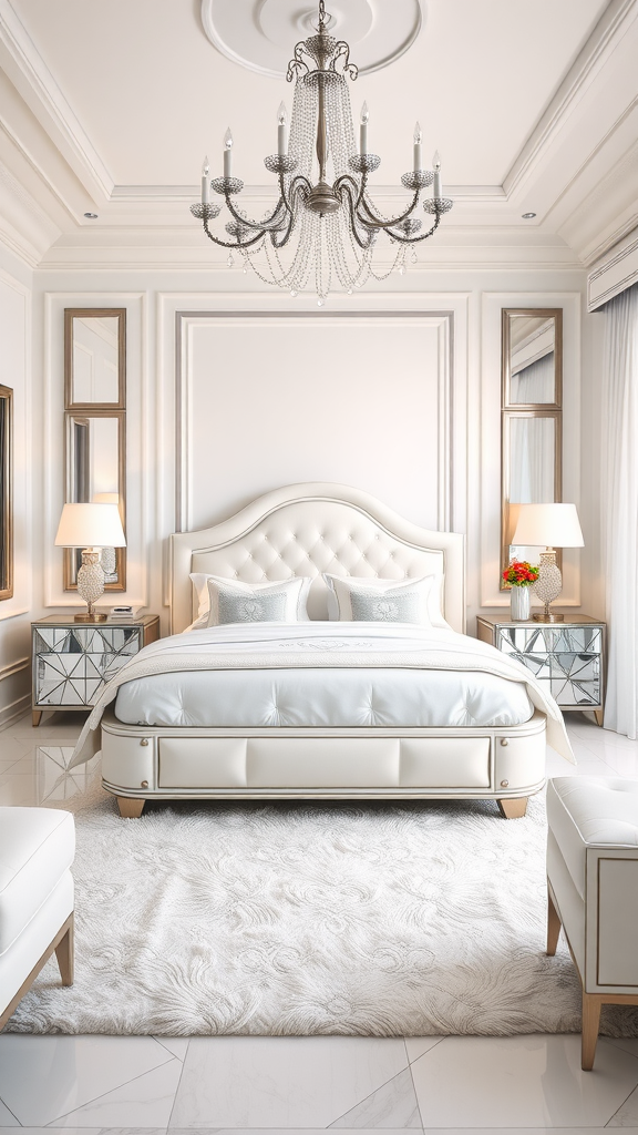 Glamorous Art Deco bedroom featuring white and platinum accents with a plush bed, chandelier, and mirrored furniture.