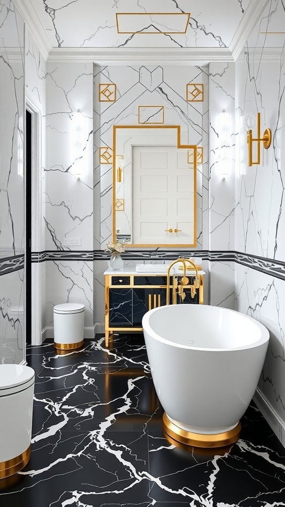 Glamorous Art Deco bathroom featuring black and white marble, gold accents, and a freestanding tub.