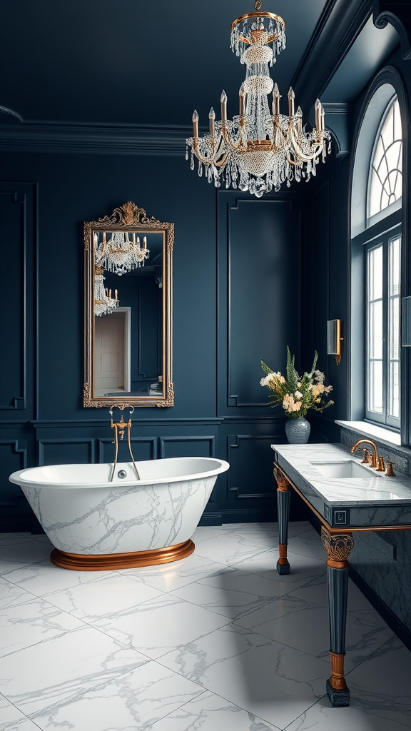 Luxurious bathroom featuring dark blue walls, a marble bathtub, and elegant chandelier