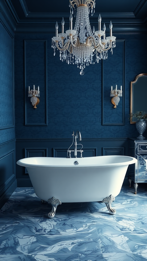 Glamorous dark blue bathroom featuring a freestanding bathtub, crystal chandelier, and ornate decor