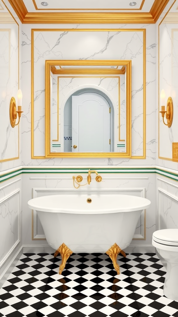 A glamorous bathroom featuring marble walls, gold accents, a clawfoot tub, and a checkered floor.