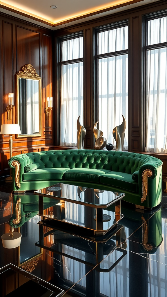 Art Deco living room featuring a green tufted sofa, metallic coffee table, and ornate mirror