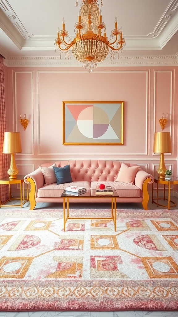 Art Deco living room with pink walls, a pink sofa, and gold accents