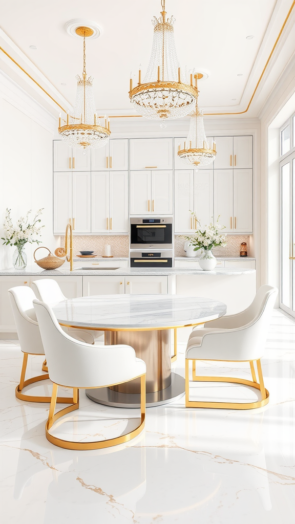 A bright kitchen and dining room with white cabinetry, gold accents, a marble dining table, and elegant chandeliers.