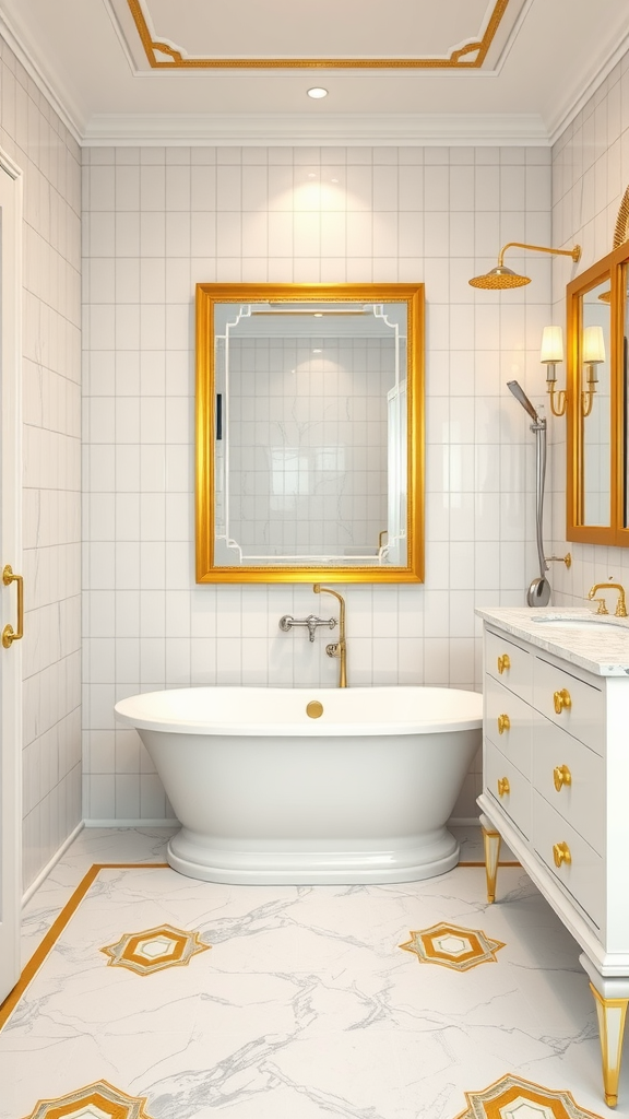 Art Deco style luxury bathroom with gold and white decor, featuring a freestanding tub and elegant fixtures.