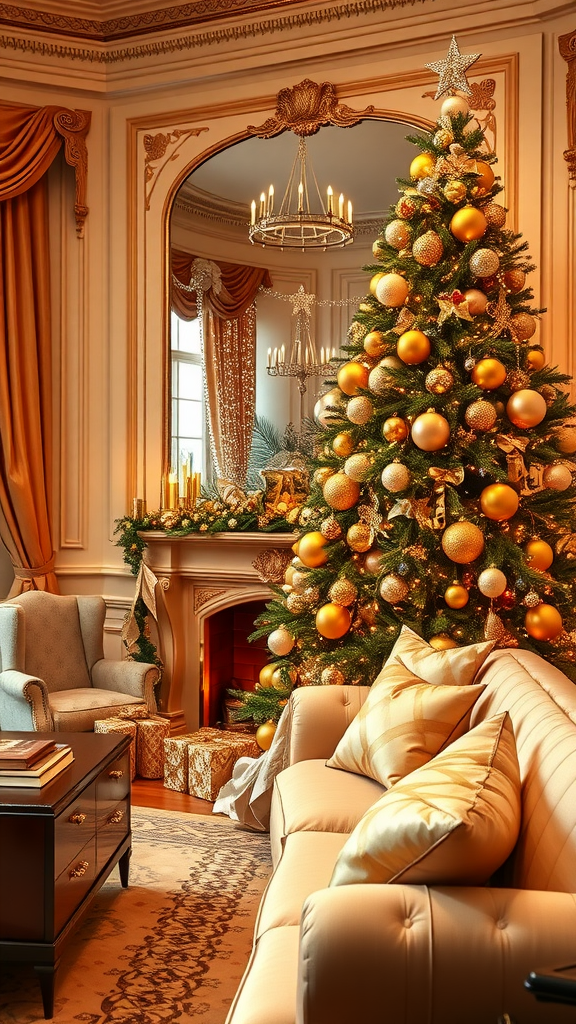A cozy living room decorated for Christmas with a beautifully adorned tree, golden ornaments, a fireplace, and elegant furnishings.
