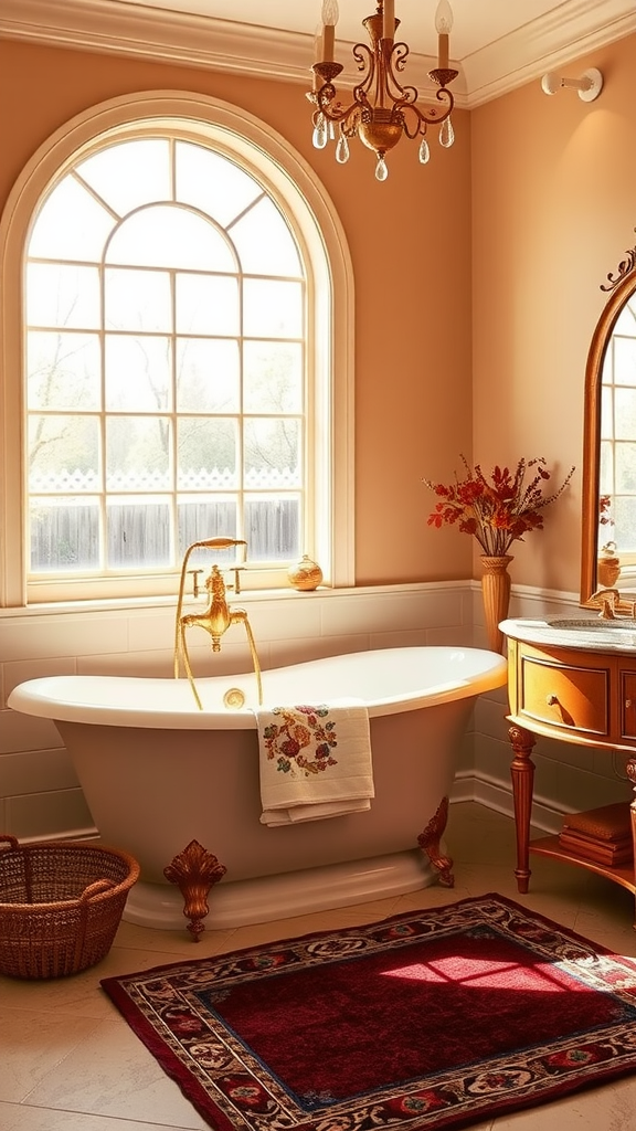 A cozy bathroom featuring a freestanding bathtub, warm peach walls, and elegant decor.