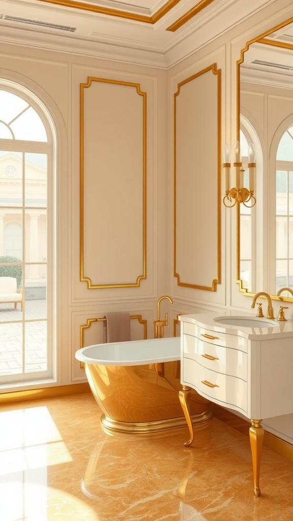 A luxurious bathroom featuring gold accents, a stylish bathtub, and elegant decor.