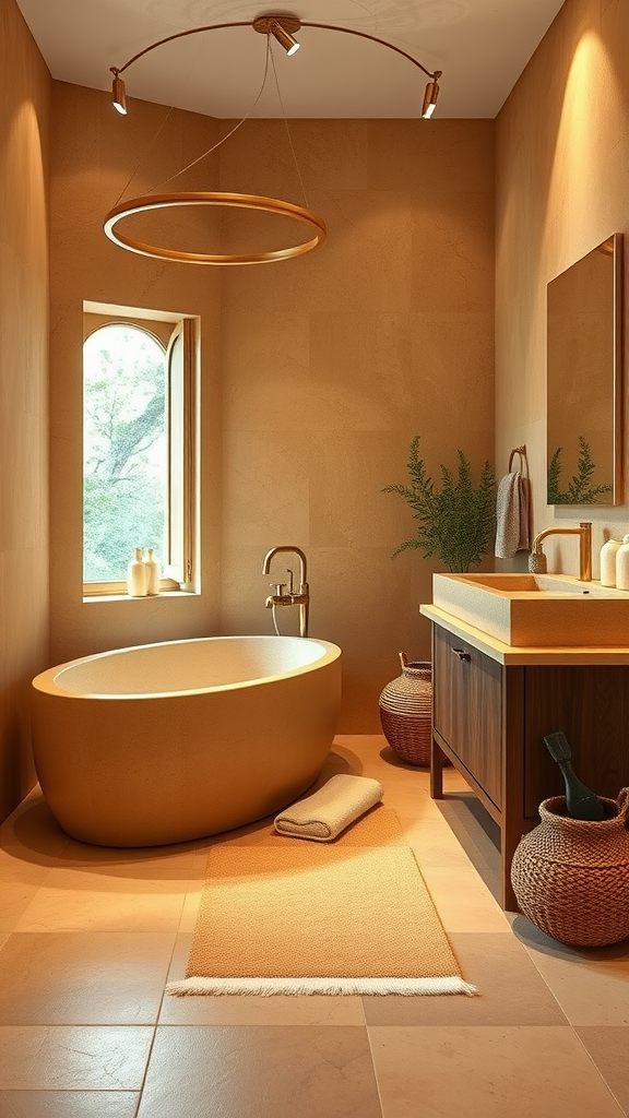 A stylish bathroom featuring golden sandstone walls, a freestanding tub, olive wood accents, and natural light.