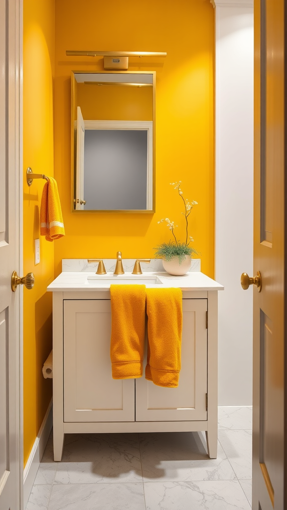 A half bathroom featuring goldenrod walls and a white marble countertop, creating a bright and inviting look.