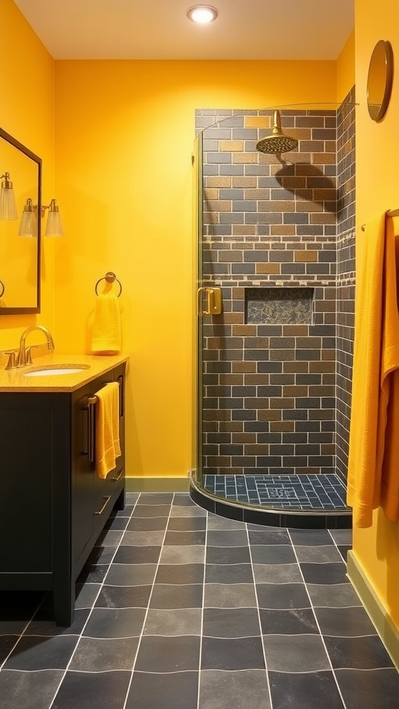 A bright bathroom featuring goldenrod yellow walls and charcoal tiles, with matching accessories.