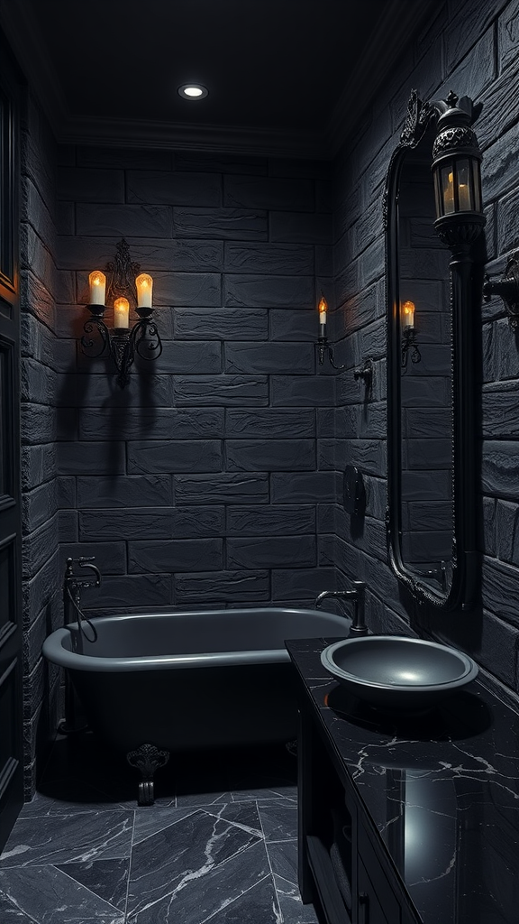 Gothic-inspired dark grey bathroom with a clawfoot bathtub, stone wall, elegant mirror, and warm lighting.